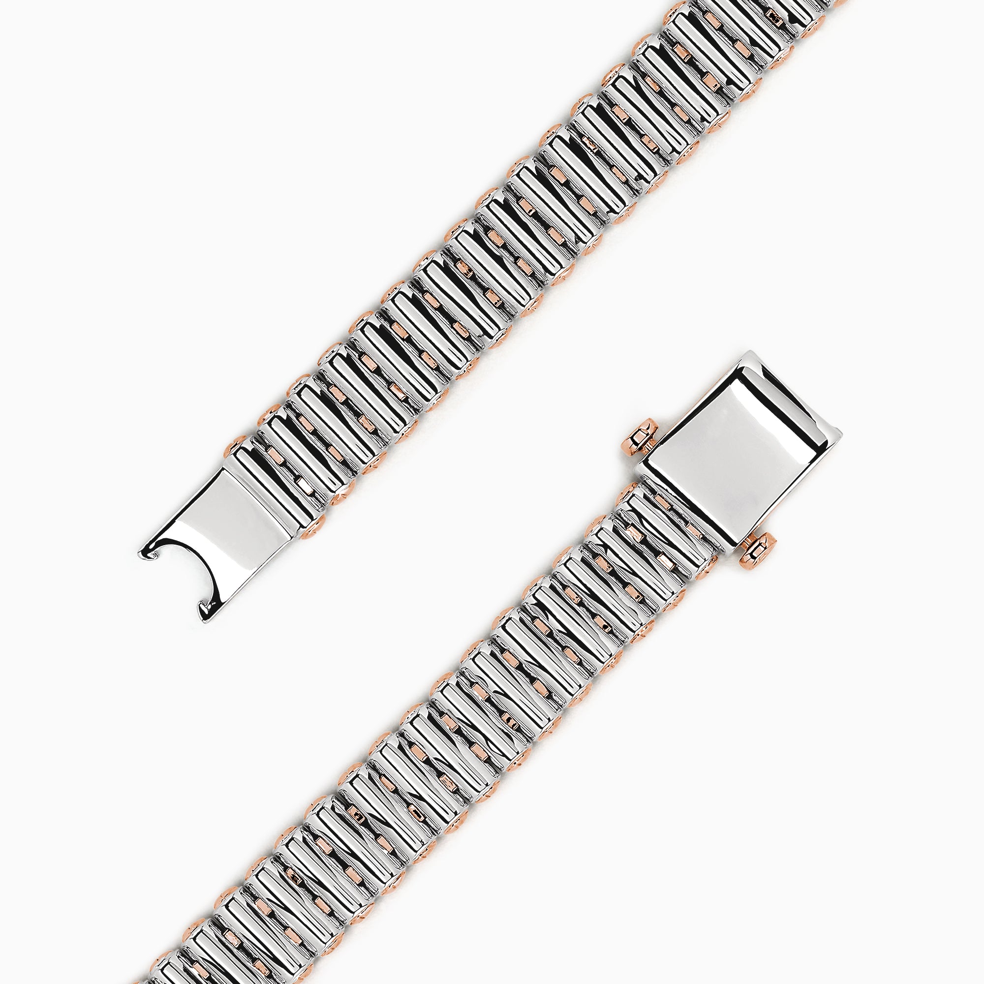 The Mens Sterling Silver and Rose Gold Black Sapphire Bracelet, 4.20 TCW, features a rectangular centerpiece with rows of black sapphires on silver and rose gold links, displayed against a white background.