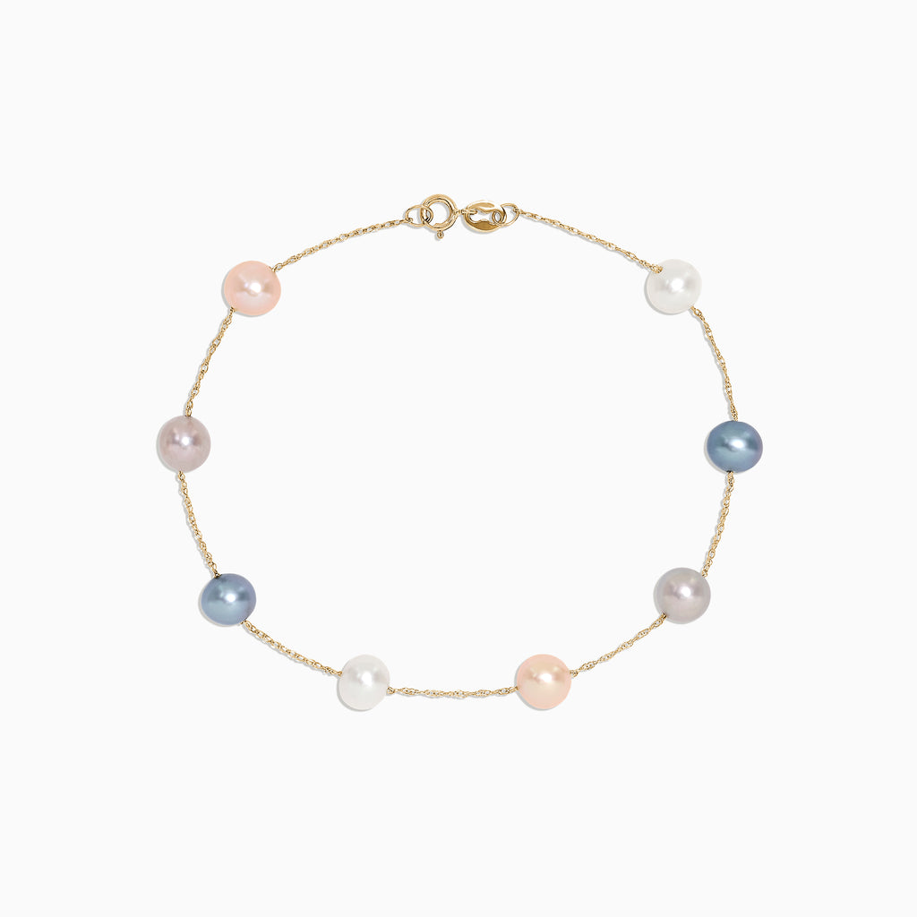 The 14K Yellow Gold Multi Color Cultured Pearl Bracelet features evenly spaced pink, white, lavender, grey, and blue pearls on a delicate gold chain with a small lobster clasp.