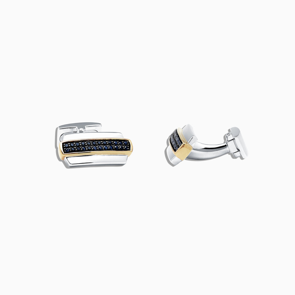 Mens Sterling Silver and Black Sapphire Cufflinks, 0.62 TCW, featuring gold accents and small sparkling stones, are displayed on a plain white background.
