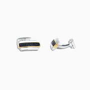 Mens Sterling Silver and Black Sapphire Cufflinks, 0.62 TCW, featuring gold accents and small sparkling stones, are displayed on a plain white background.