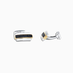Mens Sterling Silver and Black Sapphire Cufflinks, 0.62 TCW, featuring gold accents and small sparkling stones, are displayed on a plain white background.