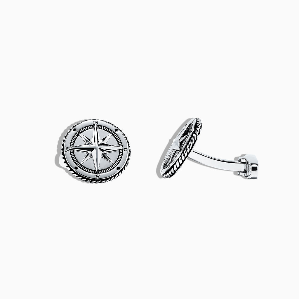 Mens 925 Sterling Silver Compass Cufflinks with a raised compass rose design, detailed edges, and hinged fastening, shown on a white background.