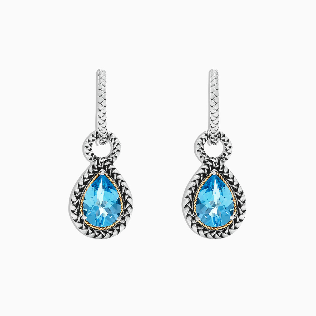 A pair of 925 sterling silver and 18K yellow gold earrings with blue topaz gemstones, 4.56 TCW, shown on a white background.