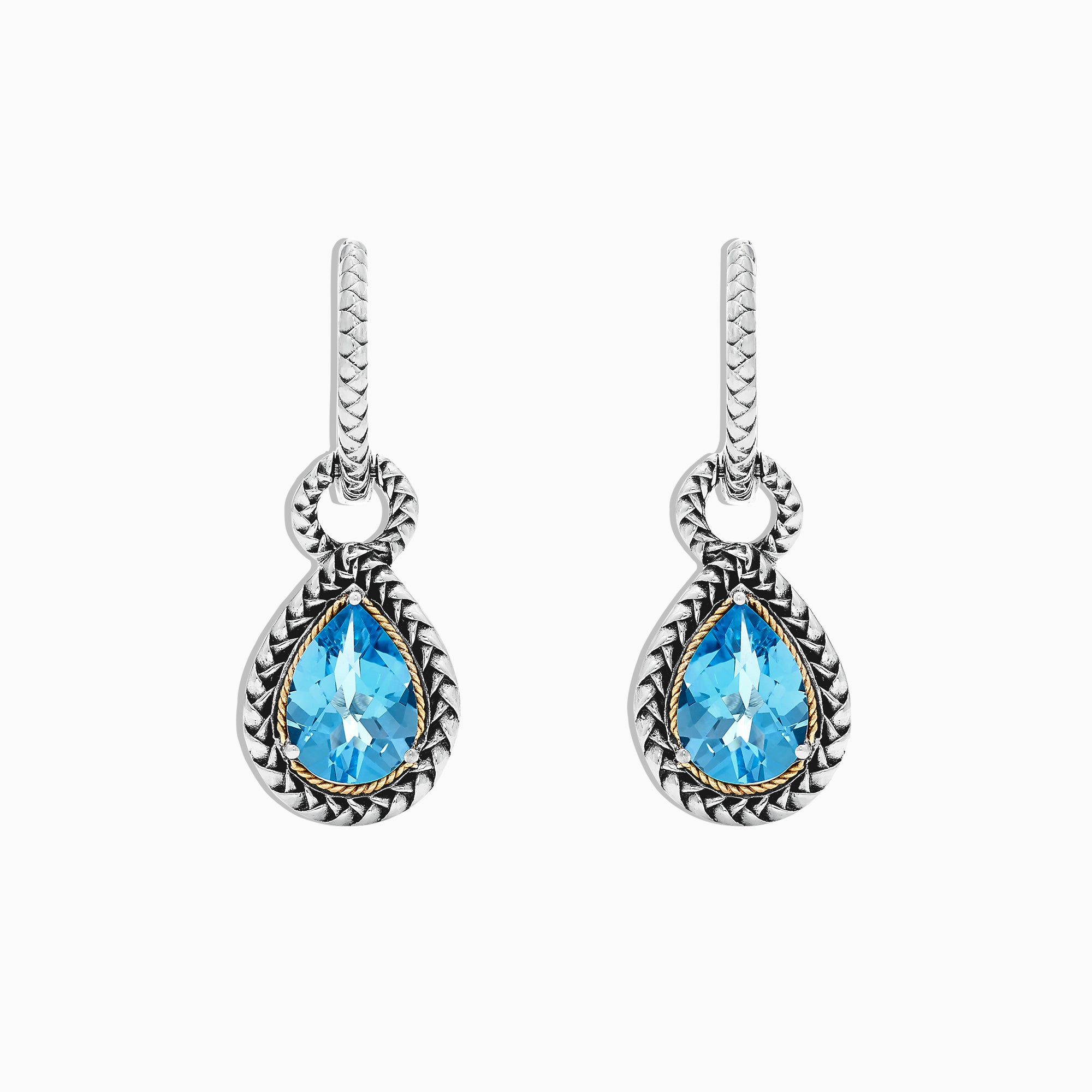 A pair of 925 sterling silver and 18K yellow gold earrings with blue topaz gemstones, 4.56 TCW, shown on a white background.