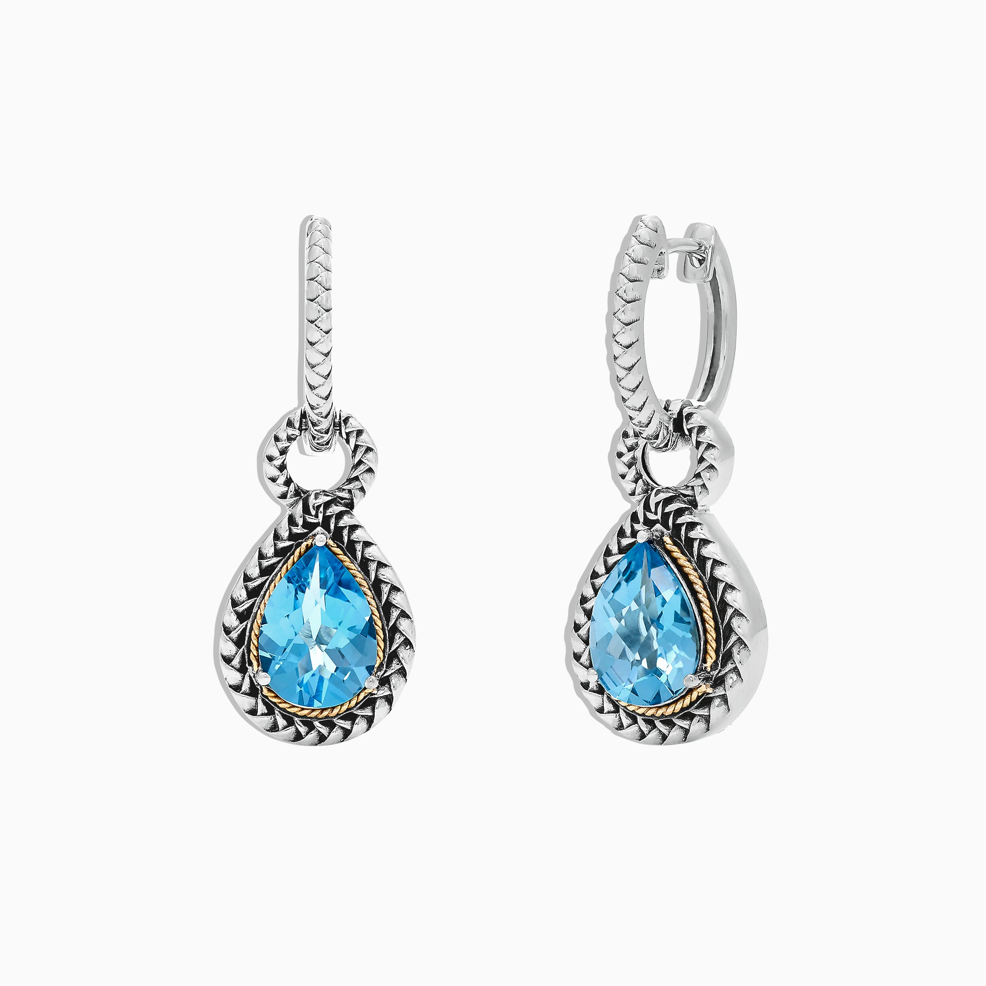 A pair of 925 sterling silver and 18K yellow gold earrings with blue topaz gemstones, 4.56 TCW, shown on a white background.