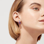 14K Rose Gold Earrings featuring large amethyst gemstones topped with a triangular cluster of tanzanite and diamonds, 8.62 TCW, displayed on a white background.