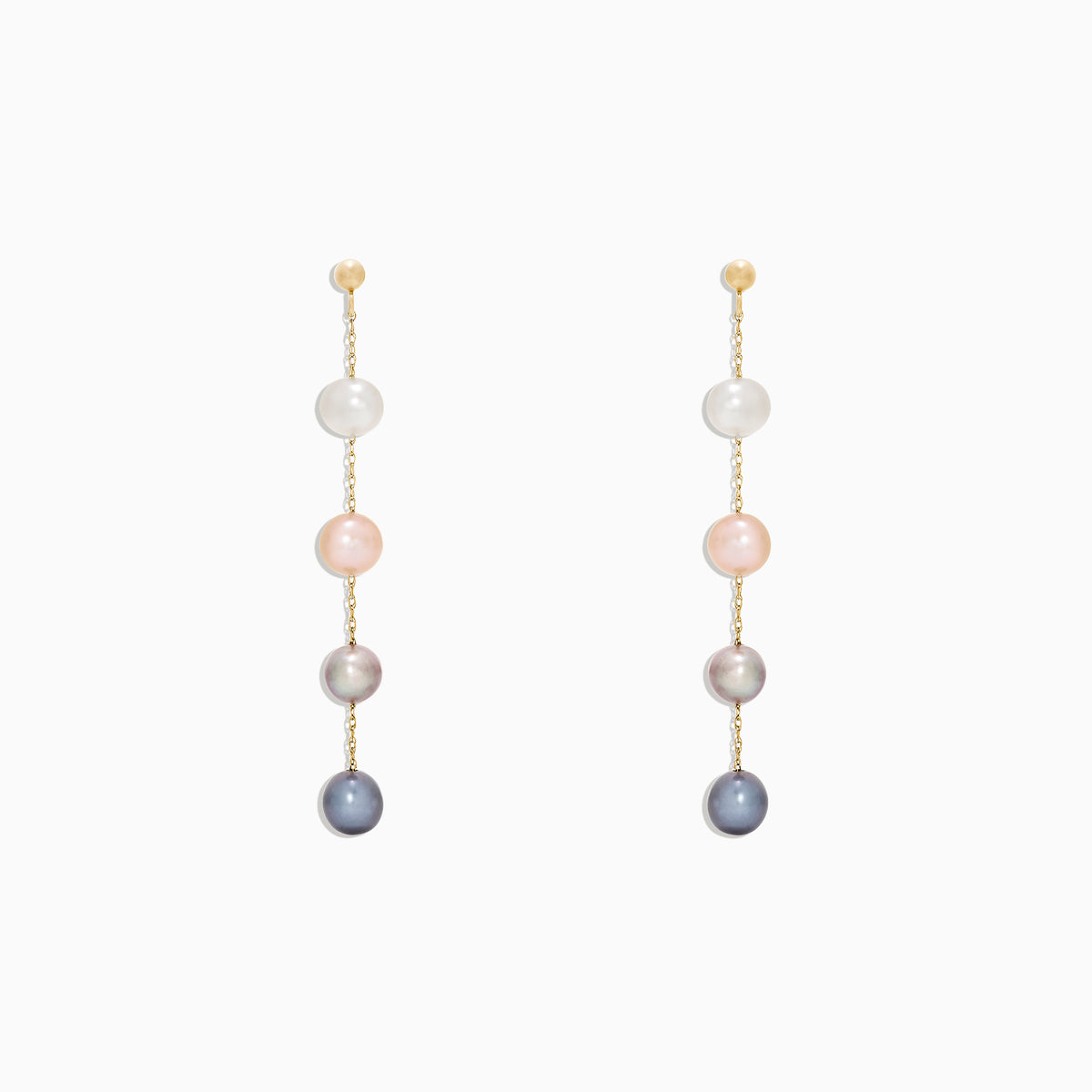 The 14K Yellow Gold Multi Color Cultured Pearl Earrings feature three vertically set cultured pearls in white, pink, and grey-blue hues on a delicate yellow gold chain, shown against a white background.
