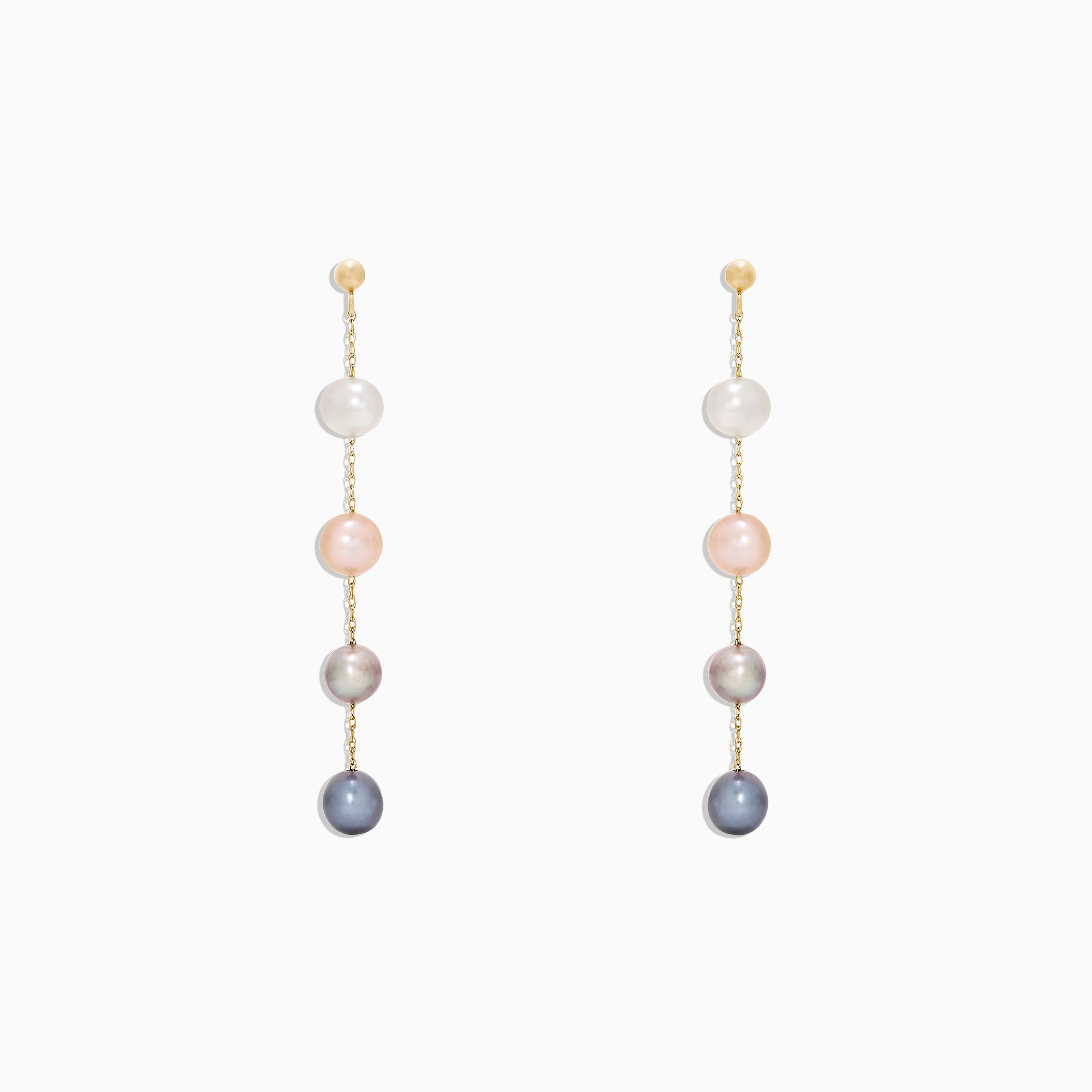 The 14K Yellow Gold Multi Color Cultured Pearl Earrings feature three vertically set cultured pearls in white, pink, and grey-blue hues on a delicate yellow gold chain, shown against a white background.