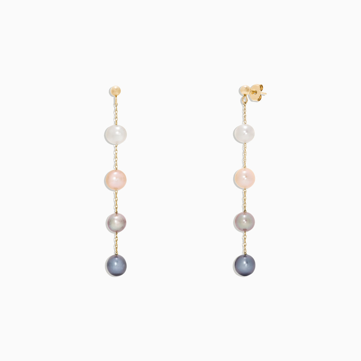 The 14K Yellow Gold Multi Color Cultured Pearl Earrings feature three vertically set cultured pearls in white, pink, and grey-blue hues on a delicate yellow gold chain, shown against a white background.