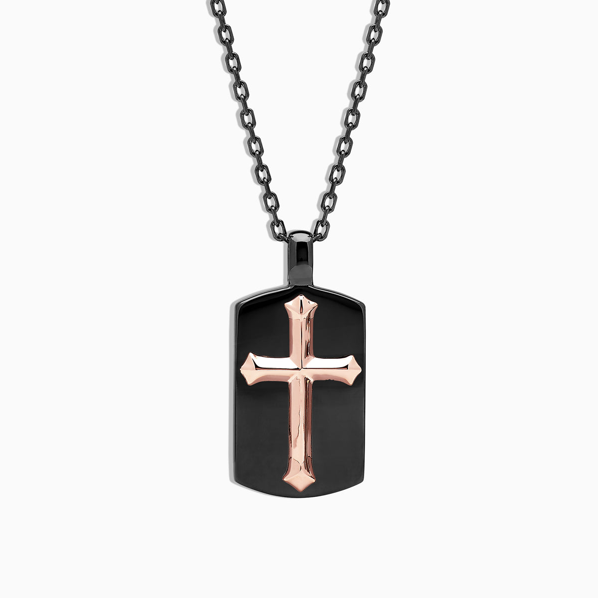 The Mens Rhodium Sterling Silver and Rose Gold Plated Cross Pendant features a black dog tag with a raised rose gold cross at the center, on a black chain, displayed against a white background.