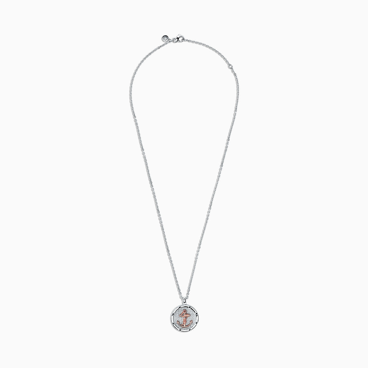The Mens Sterling Silver and 18K Rose Gold Plated Anchor Pendant features a round, textured silver design with a rose gold anchor at the center, hanging from a sleek silver chain—part of our mens jewelry collection.