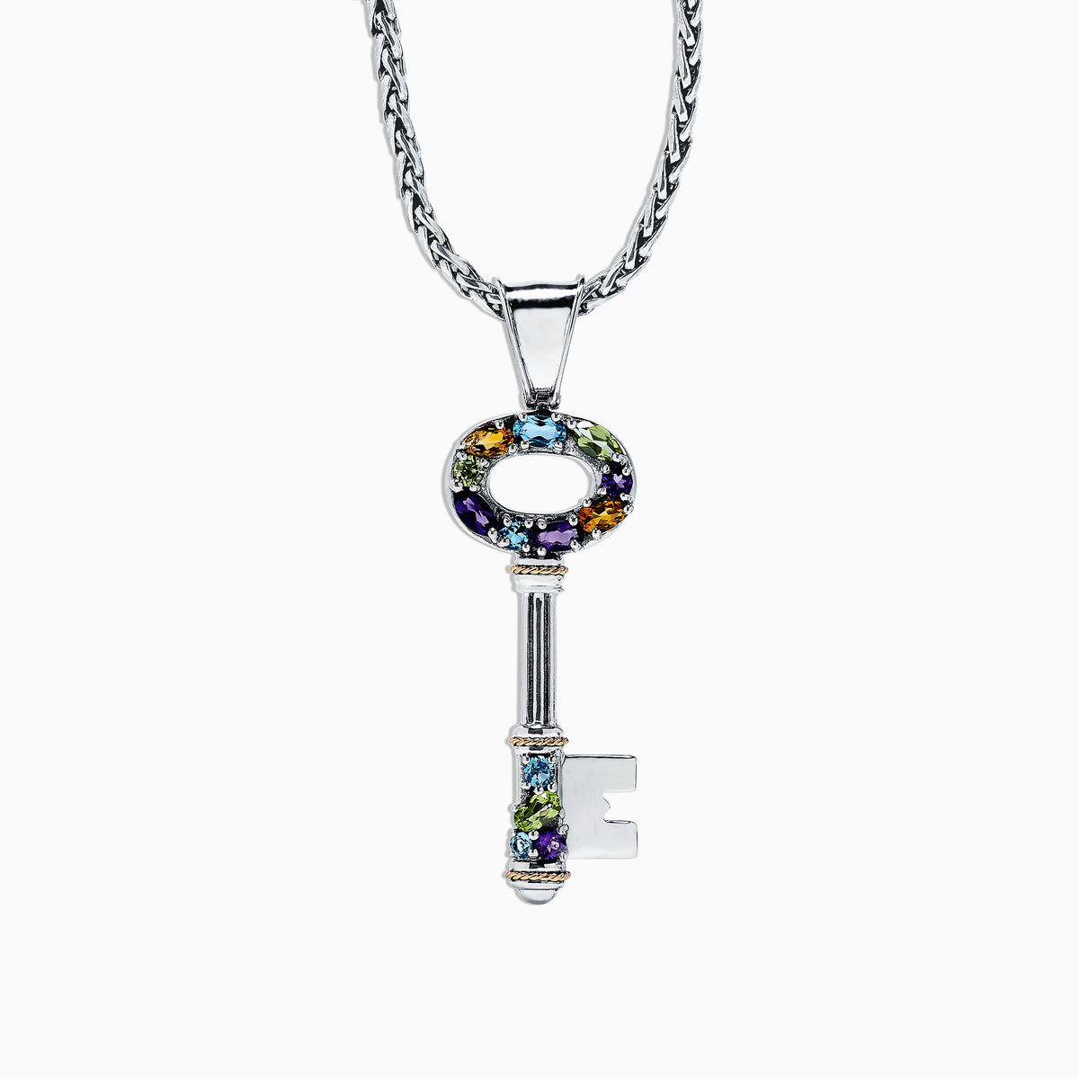 The 925 Sterling Silver & 18K Gold Multi Gemstone Key Pendant (2.29 TCW) features colorful gemstones around the key top and bottom, hanging from a twisted chain.