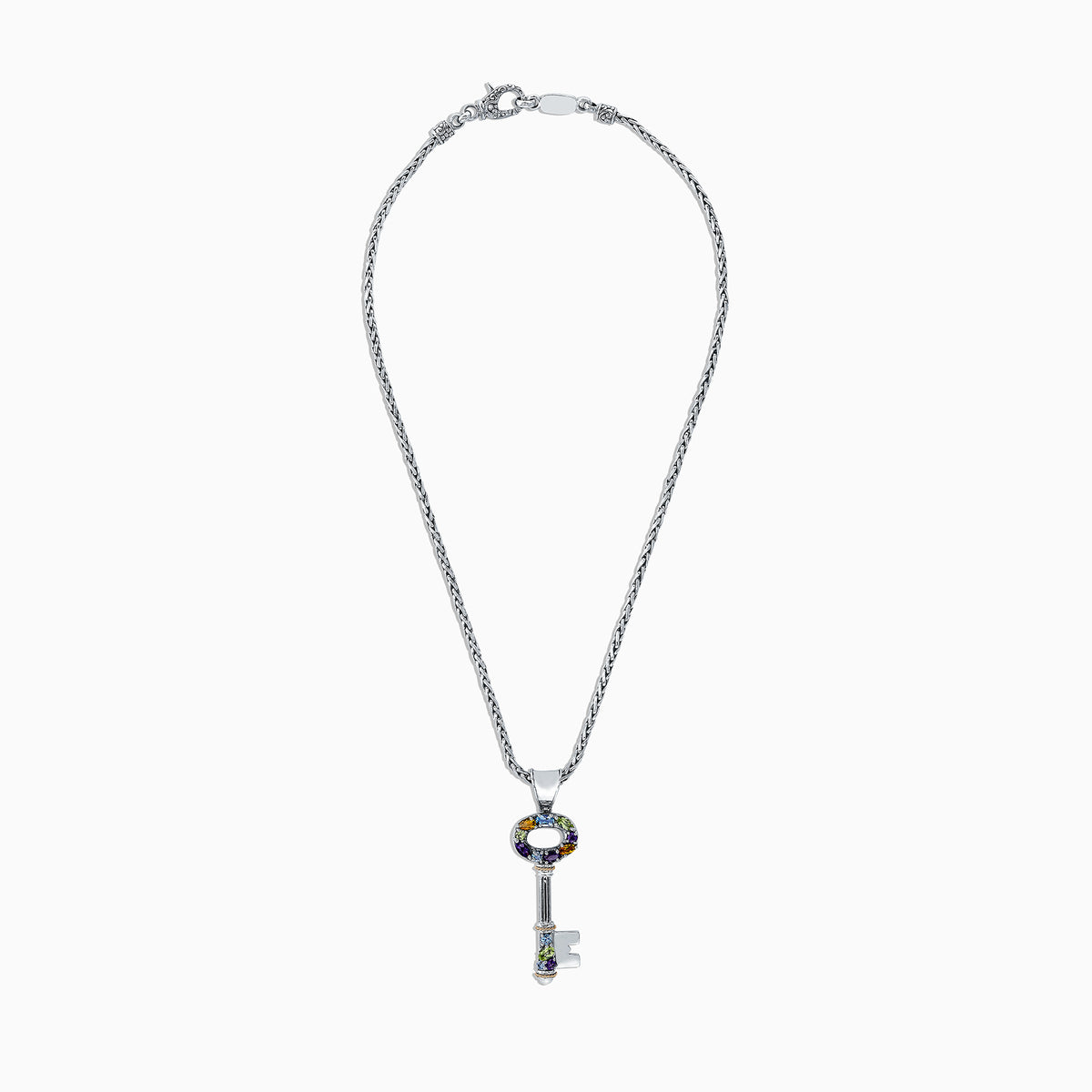 The 925 Sterling Silver & 18K Gold Multi Gemstone Key Pendant (2.29 TCW) features colorful gemstones around the key top and bottom, hanging from a twisted chain.