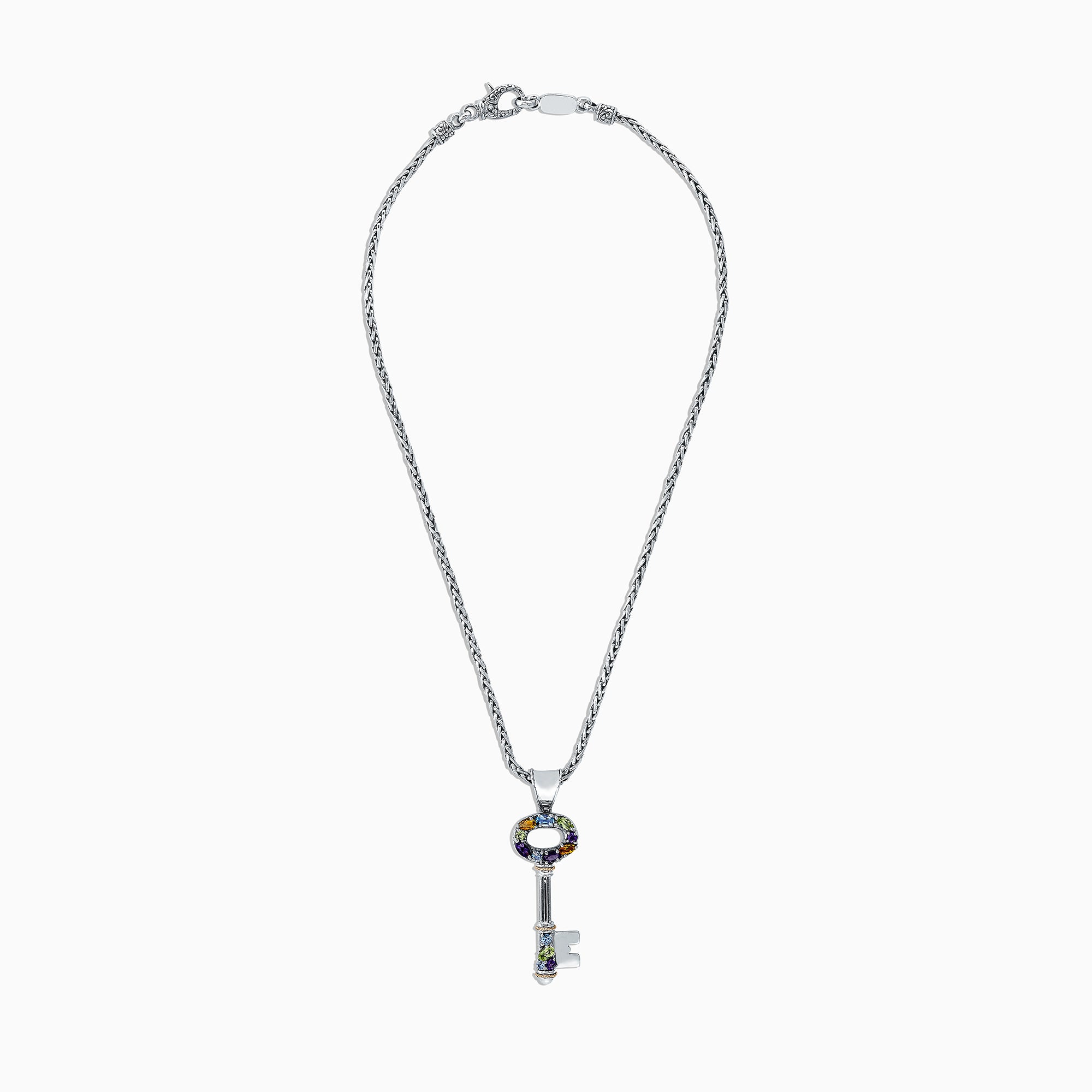 The 925 Sterling Silver & 18K Gold Multi Gemstone Key Pendant (2.29 TCW) features colorful gemstones around the key top and bottom, hanging from a twisted chain.
