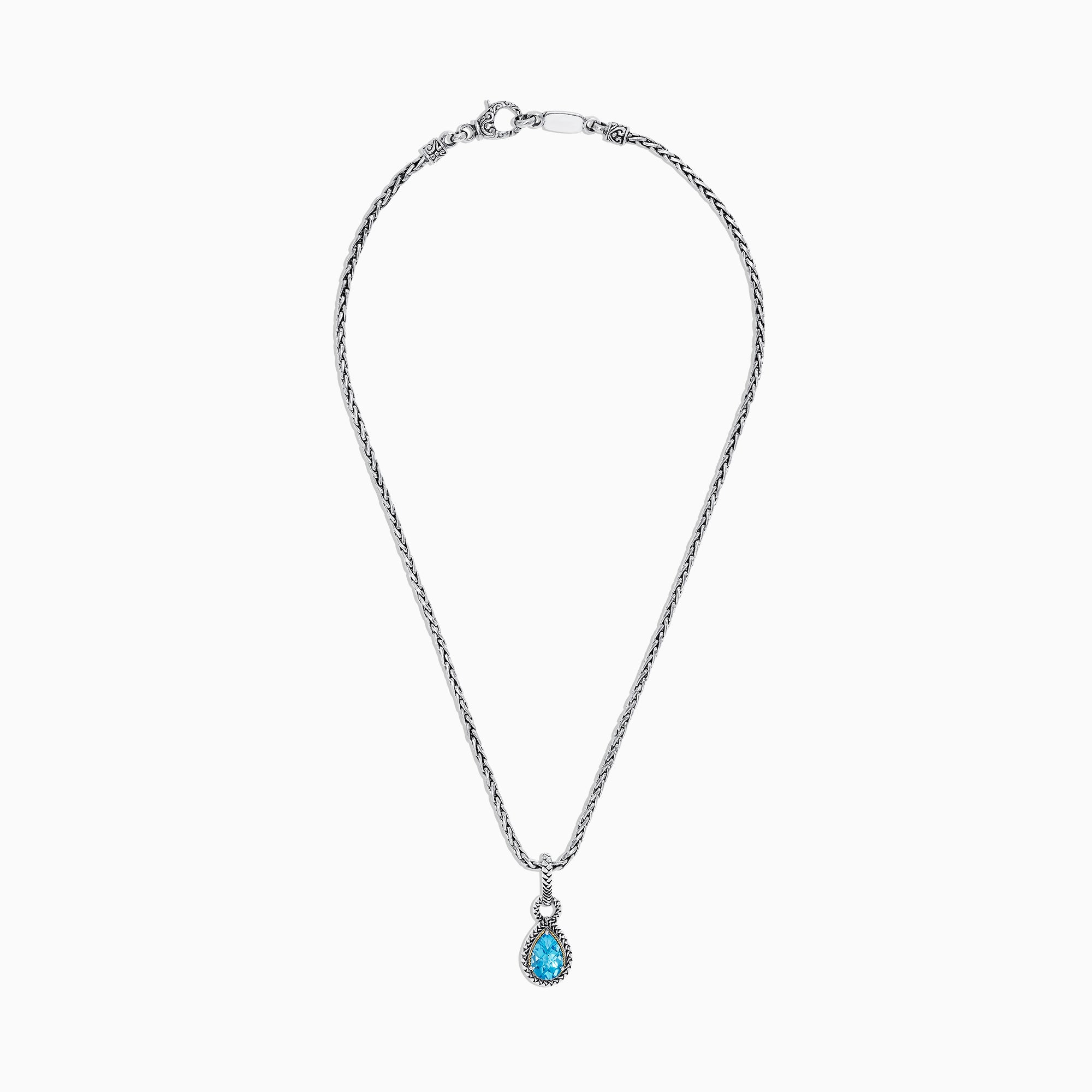 A 925 sterling silver and 18K yellow gold necklace showcasing a blue topaz pendant (3.14 TCW), elegantly framed in a twisted rope design.