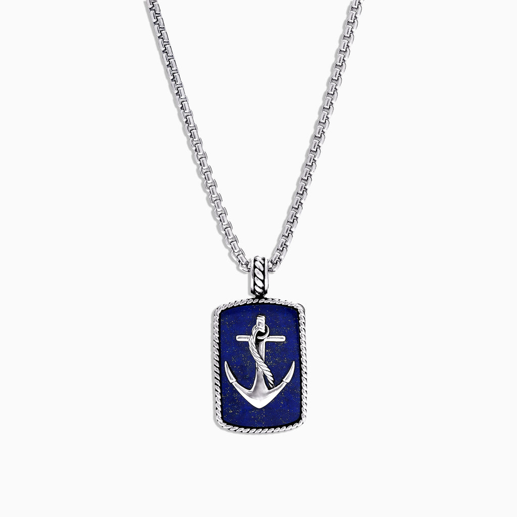 The Mens Sterling Silver Lapis Lazuli Anchor Dog Tag Pendant (18.85 TCW) features a silver anchor design set on deep blue lapis lazuli and is framed with a textured sterling silver border.
