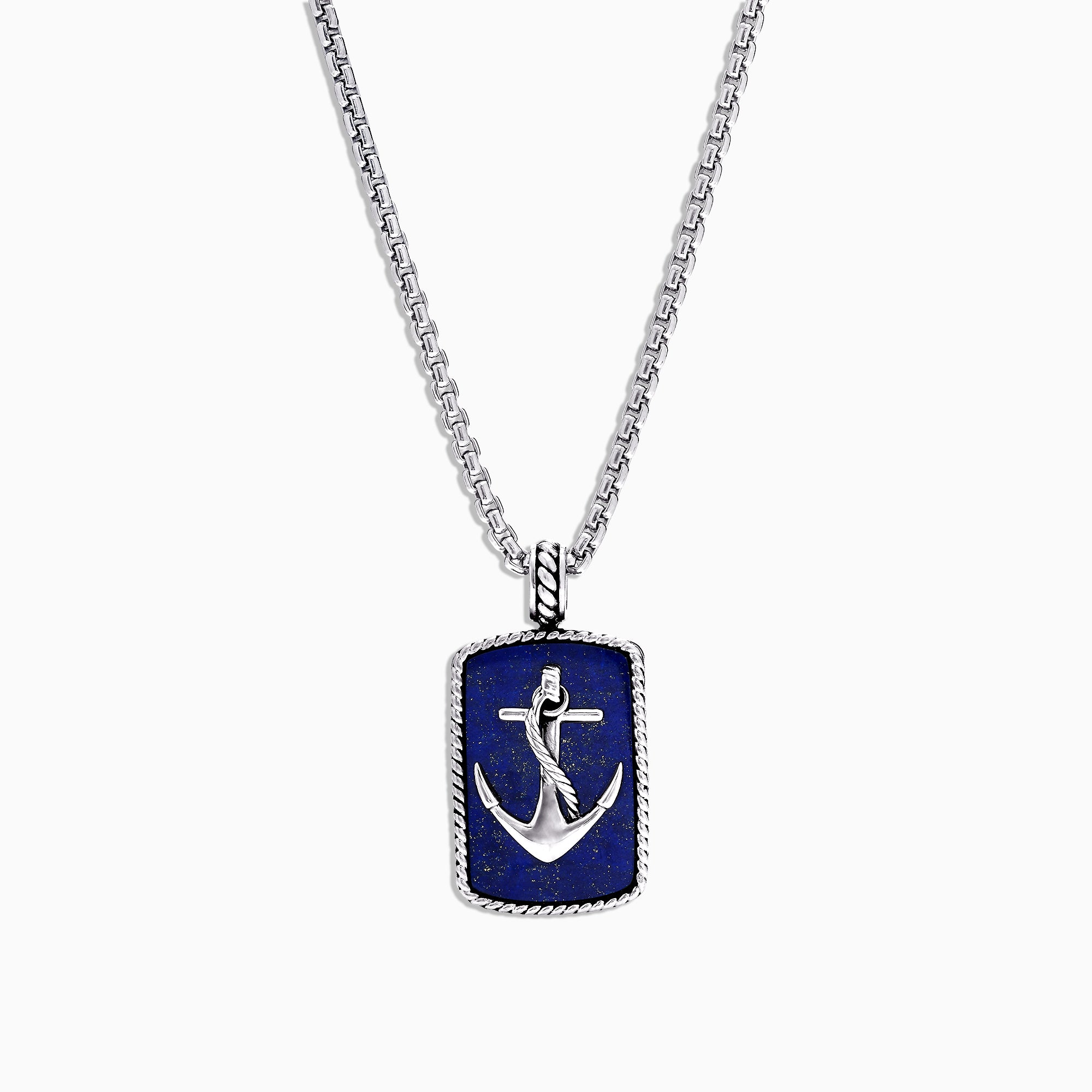 The Mens Sterling Silver Lapis Lazuli Anchor Dog Tag Pendant (18.85 TCW) features a silver anchor design set on deep blue lapis lazuli and is framed with a textured sterling silver border.