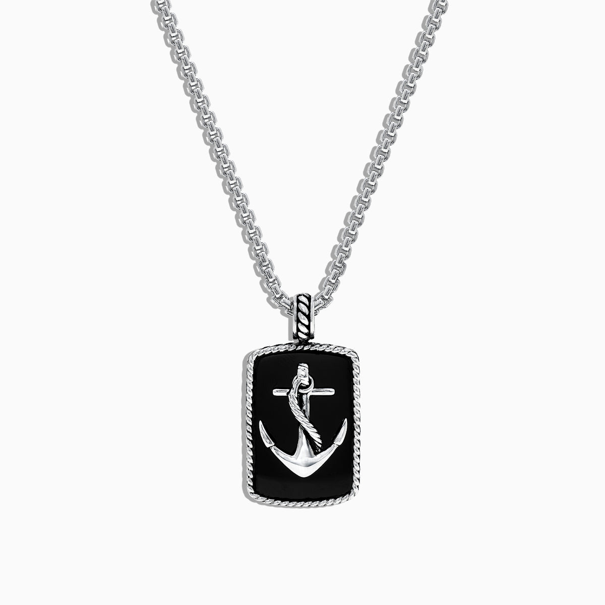 The Mens Sterling Silver Onyx Anchor Dog Tag Pendant, 18.85 TCW, features a rectangular onyx center with a raised silver anchor and rope-like border, creating a bold and striking accessory for men.