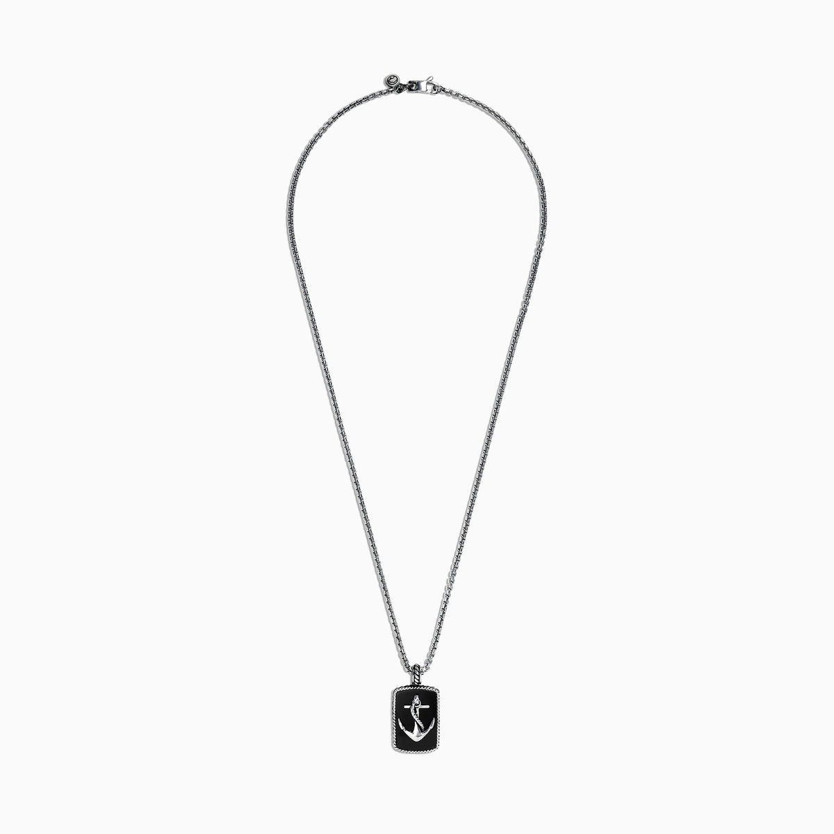 The Mens Sterling Silver Onyx Anchor Dog Tag Pendant, 18.85 TCW, features a rectangular onyx center with a raised silver anchor and rope-like border, creating a bold and striking accessory for men.