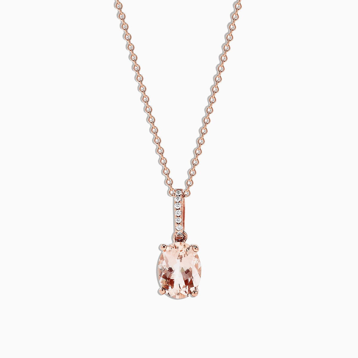 The Blush 14K Rose Gold Morganite and Diamond Pendant (1.74 TCW) features a rectangular pale pink morganite accented by a vertical row of small white diamonds on a delicate rose gold chain.