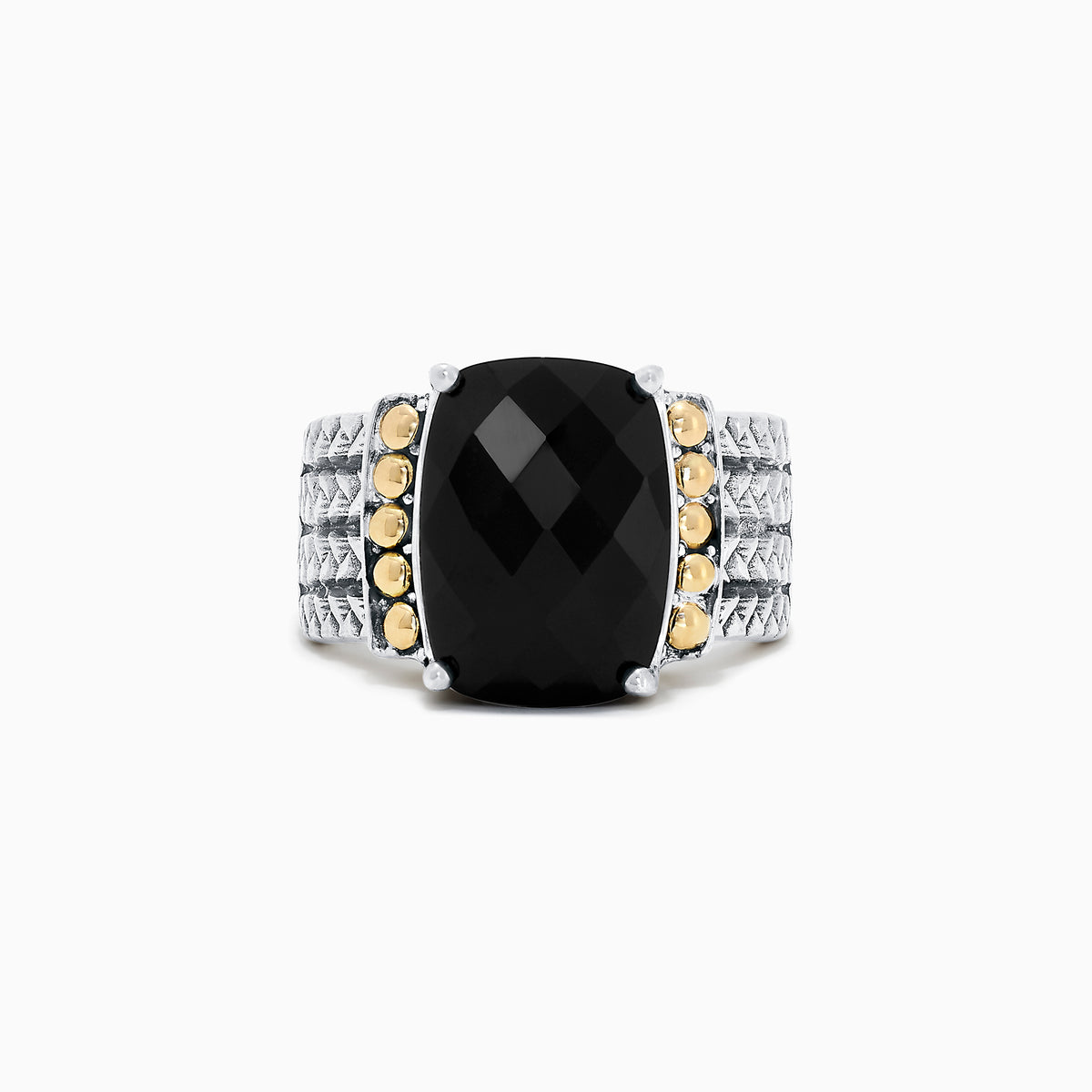 The 925 Sterling Silver & 18K Yellow Gold Onyx Ring, 6.00 TCW, showcases a large faceted black onyx accented by yellow gold circles and a textured engraved band for an elegant statement look.