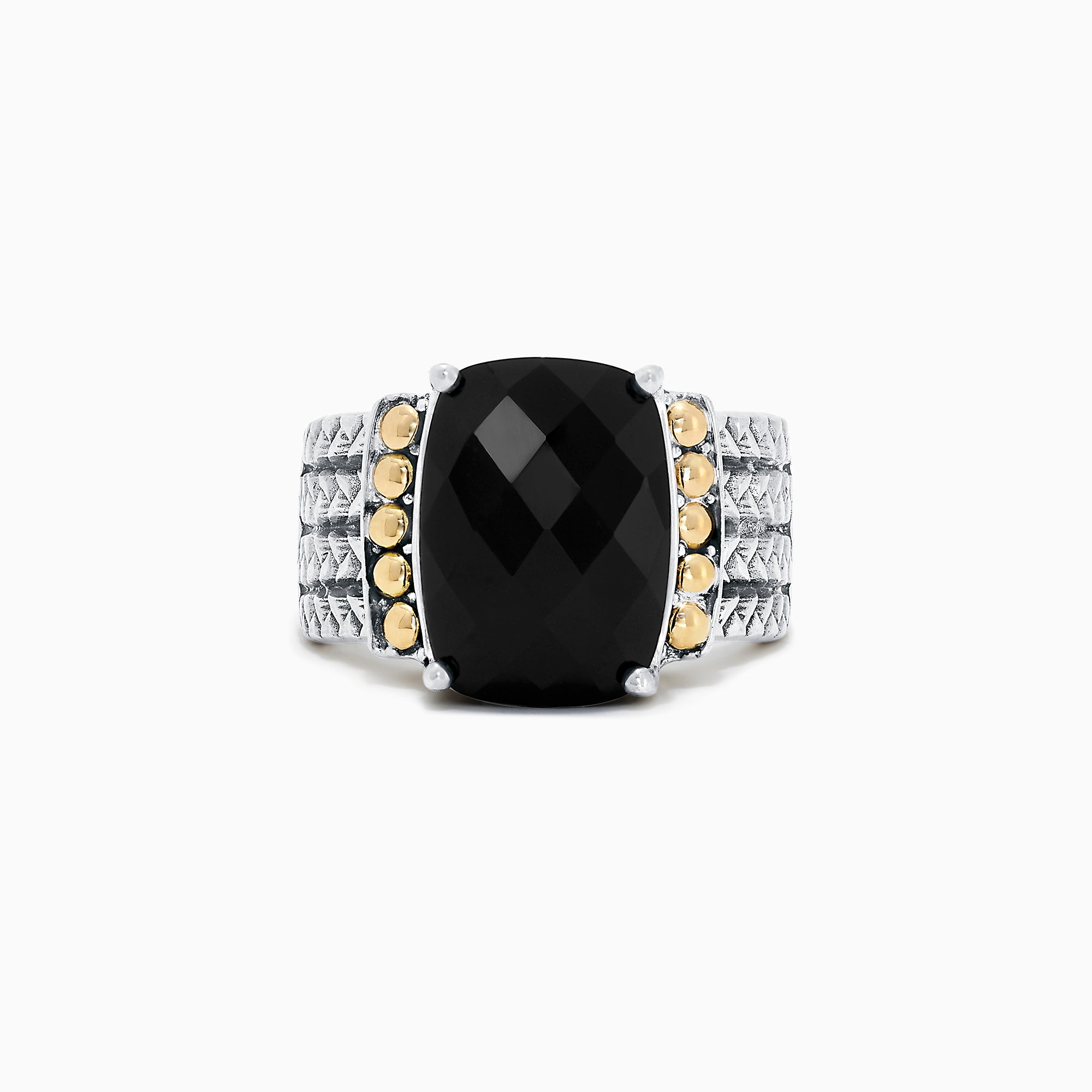 The 925 Sterling Silver & 18K Yellow Gold Onyx Ring, 6.00 TCW, showcases a large faceted black onyx accented by yellow gold circles and a textured engraved band for an elegant statement look.