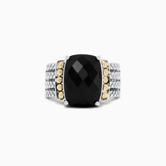 The 925 Sterling Silver & 18K Yellow Gold Onyx Ring, 6.00 TCW, showcases a large faceted black onyx accented by yellow gold circles and a textured engraved band for an elegant statement look.