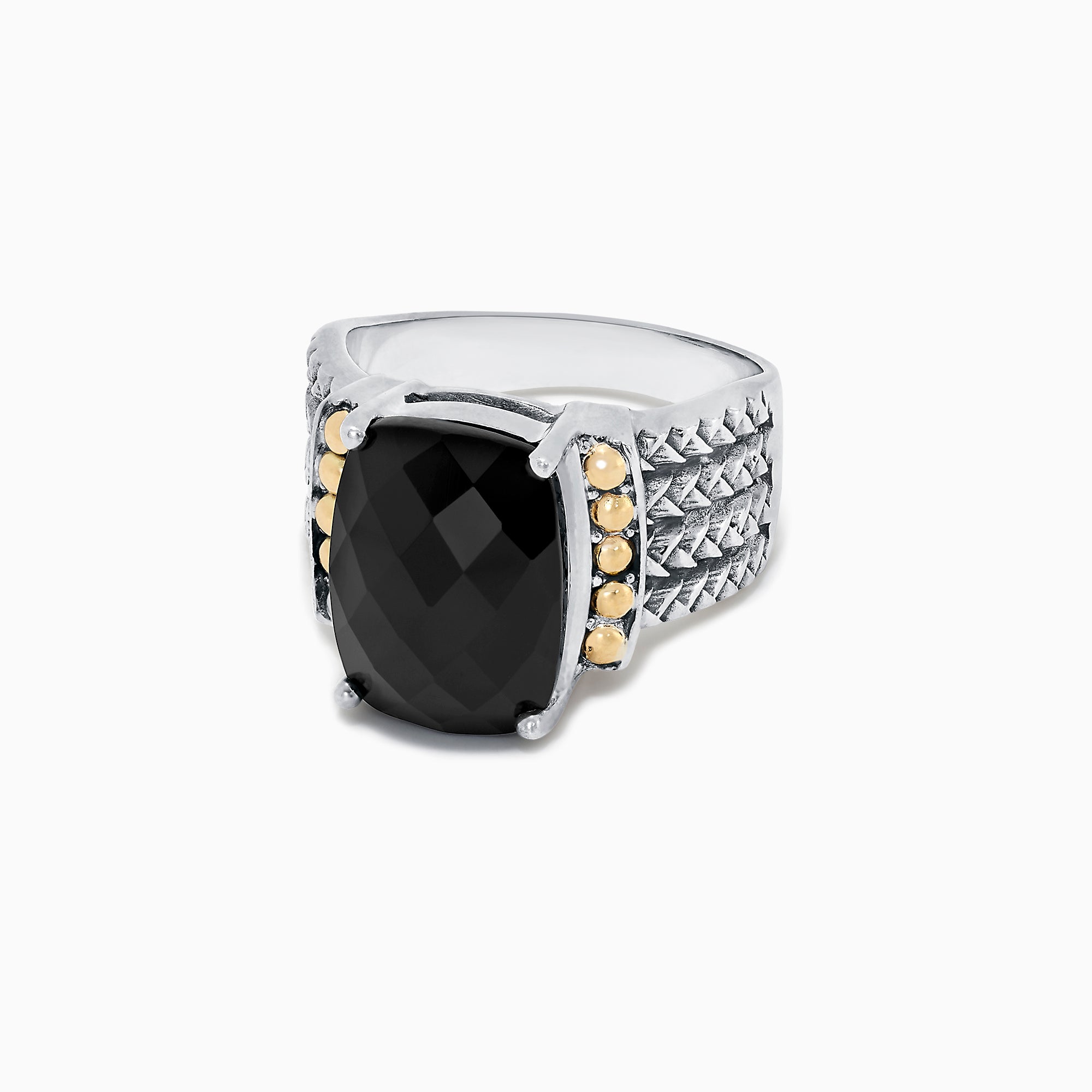 The 925 Sterling Silver & 18K Yellow Gold Onyx Ring, 6.00 TCW, showcases a large faceted black onyx accented by yellow gold circles and a textured engraved band for an elegant statement look.