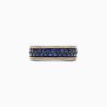 The Mens Sterling Silver & 18K Yellow Gold Blue Sapphire Ring, 1.45 TCW, features three rows of small round blue sapphires set in the center, bordered by thin yellow gold accents, shown against a white background.