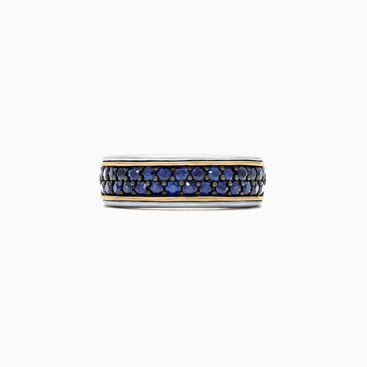 The Mens Sterling Silver & 18K Yellow Gold Blue Sapphire Ring, 1.45 TCW, features three rows of small round blue sapphires set in the center, bordered by thin yellow gold accents, shown against a white background.