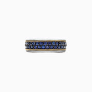 The Mens Sterling Silver & 18K Yellow Gold Blue Sapphire Ring, 1.45 TCW, features three rows of small round blue sapphires set in the center, bordered by thin yellow gold accents, shown against a white background.