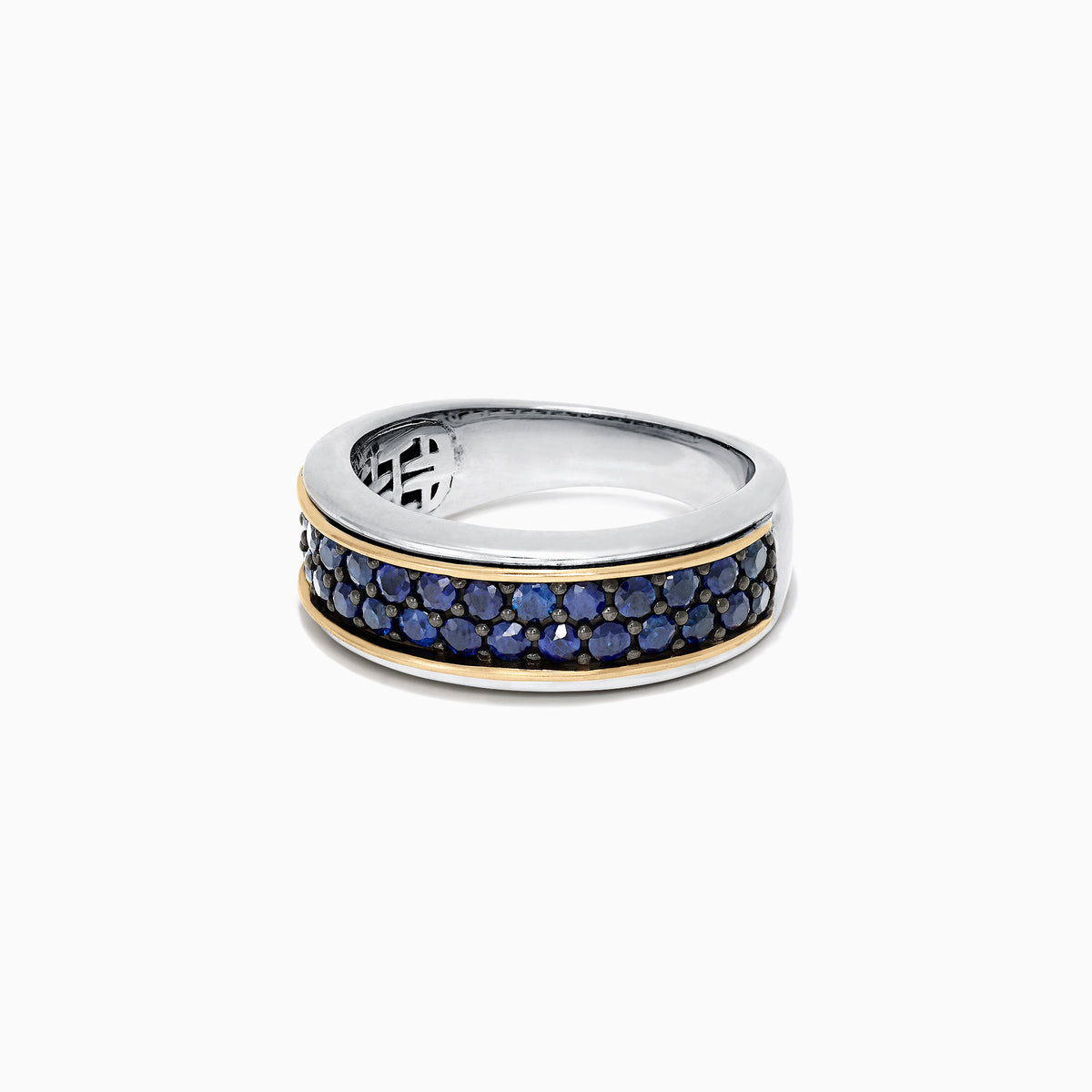 The Mens Sterling Silver & 18K Yellow Gold Blue Sapphire Ring, 1.45 TCW, features three rows of small round blue sapphires set in the center, bordered by thin yellow gold accents, shown against a white background.