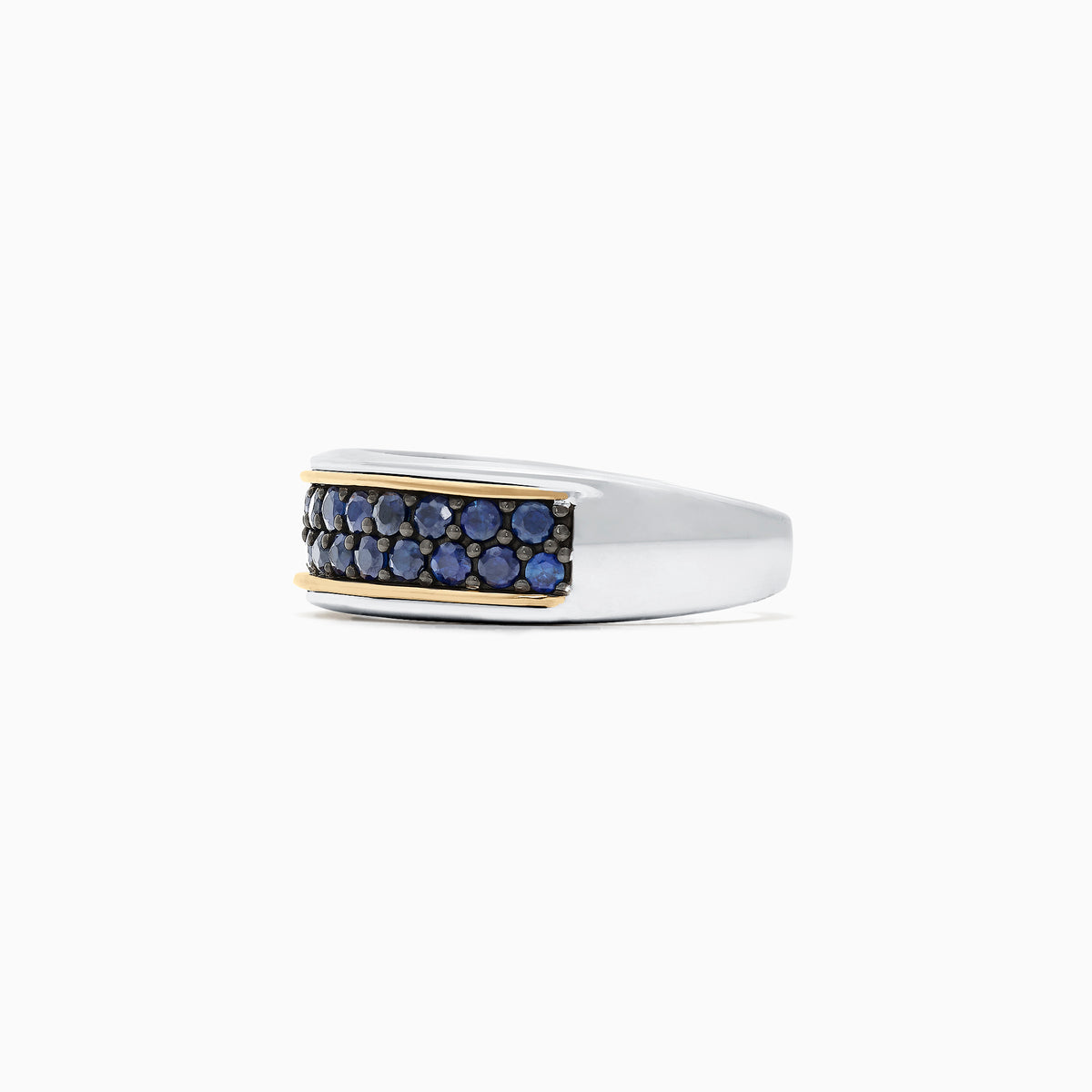 The Mens Sterling Silver & 18K Yellow Gold Blue Sapphire Ring, 1.45 TCW, features three rows of small round blue sapphires set in the center, bordered by thin yellow gold accents, shown against a white background.