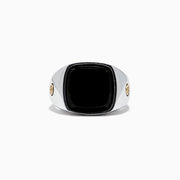 The Mens Sterling Silver and 18K Yellow Gold Onyx Ring, 5.90 TCW, features a large square black onyx centerpiece with 18K yellow gold accents on each side, shown against a plain white background.