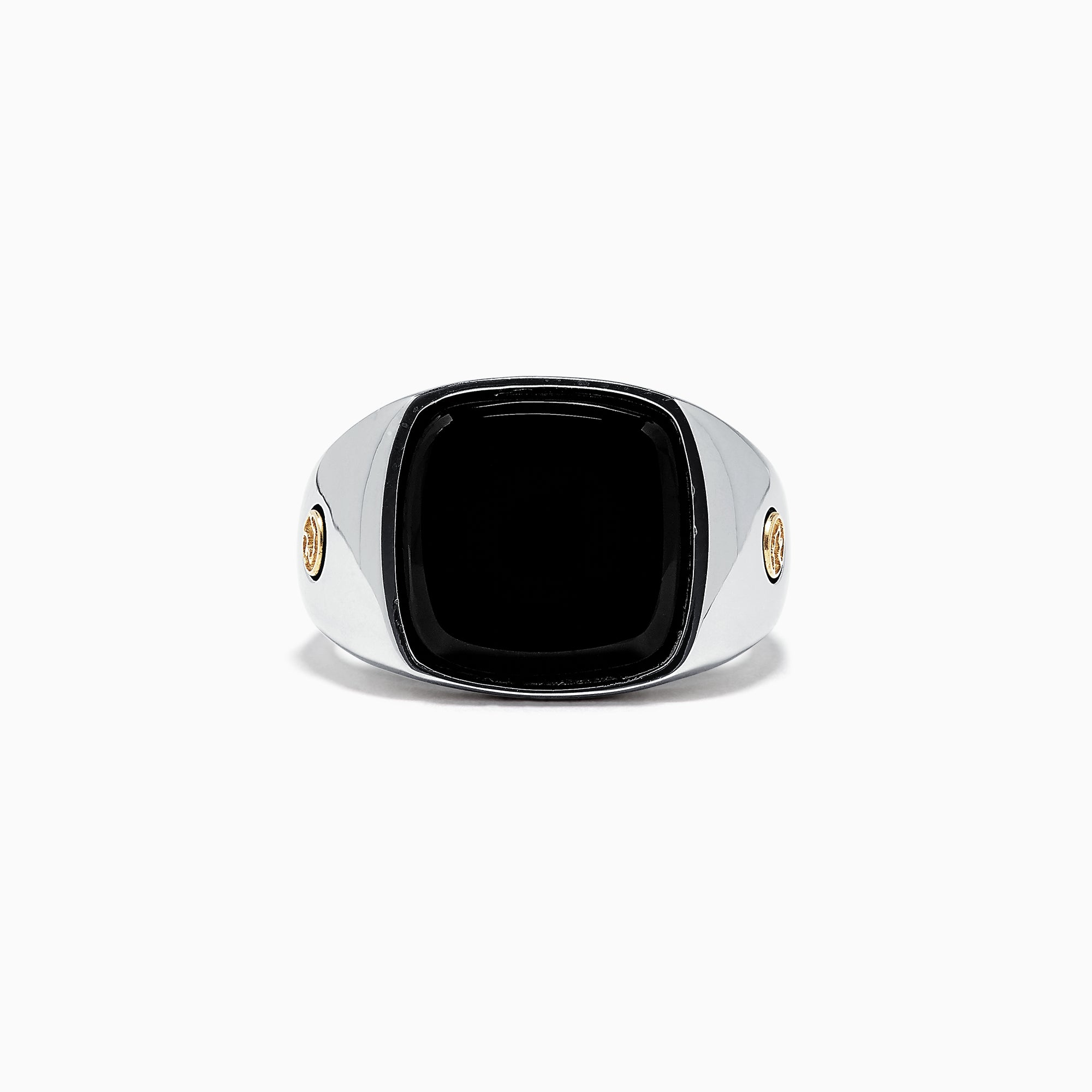 The Mens Sterling Silver and 18K Yellow Gold Onyx Ring, 5.90 TCW, features a large square black onyx centerpiece with 18K yellow gold accents on each side, shown against a plain white background.