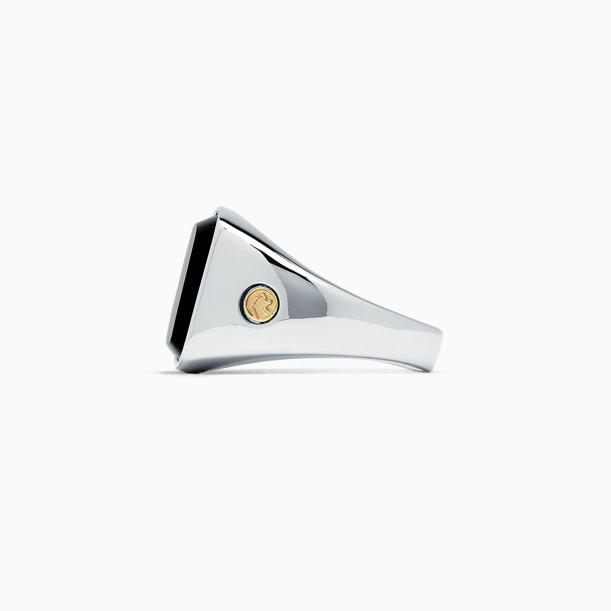 The Mens Sterling Silver and 18K Yellow Gold Onyx Ring, 5.90 TCW, features a large square black onyx centerpiece with 18K yellow gold accents on each side, shown against a plain white background.
