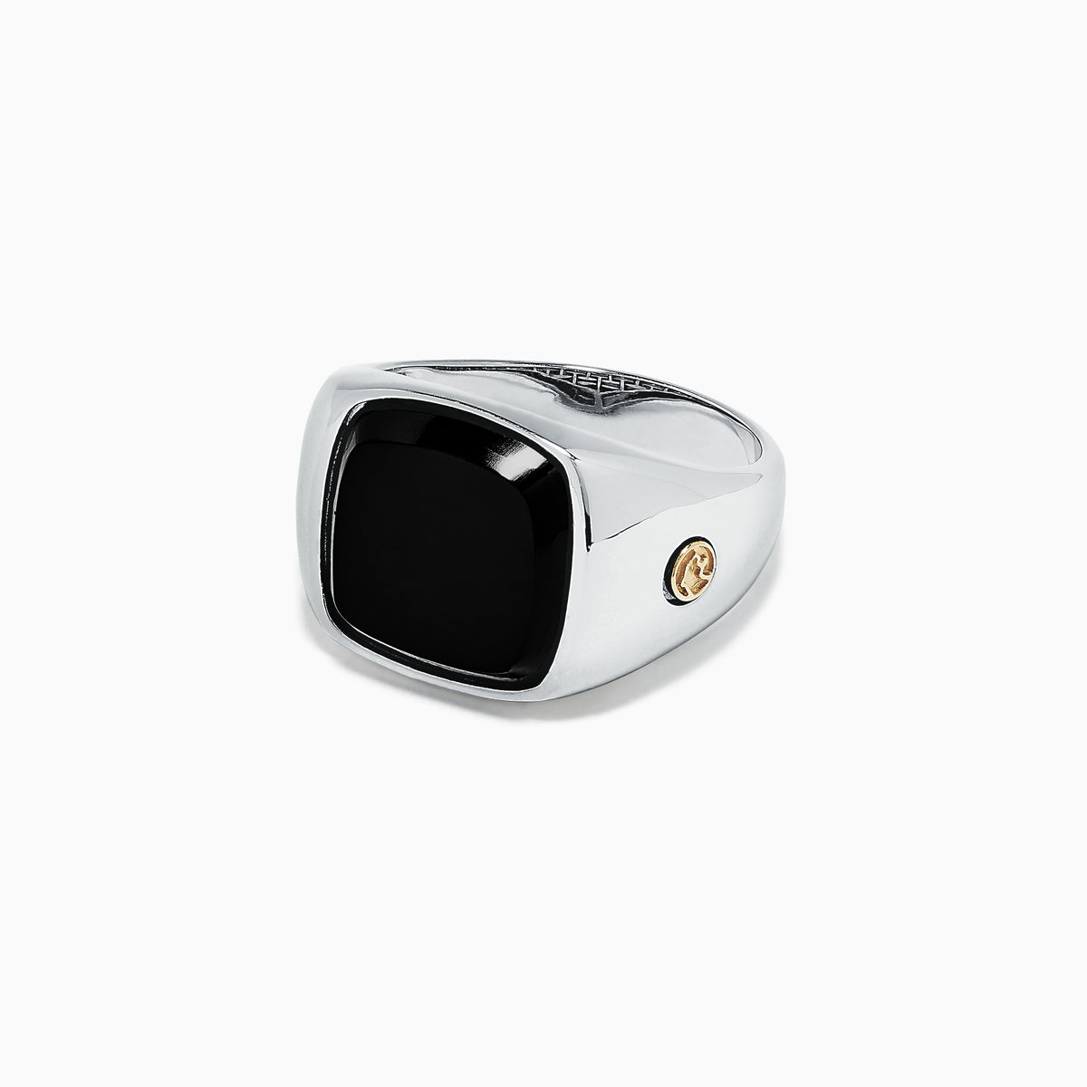 The Mens Sterling Silver and 18K Yellow Gold Onyx Ring, 5.90 TCW, features a large square black onyx centerpiece with 18K yellow gold accents on each side, shown against a plain white background.