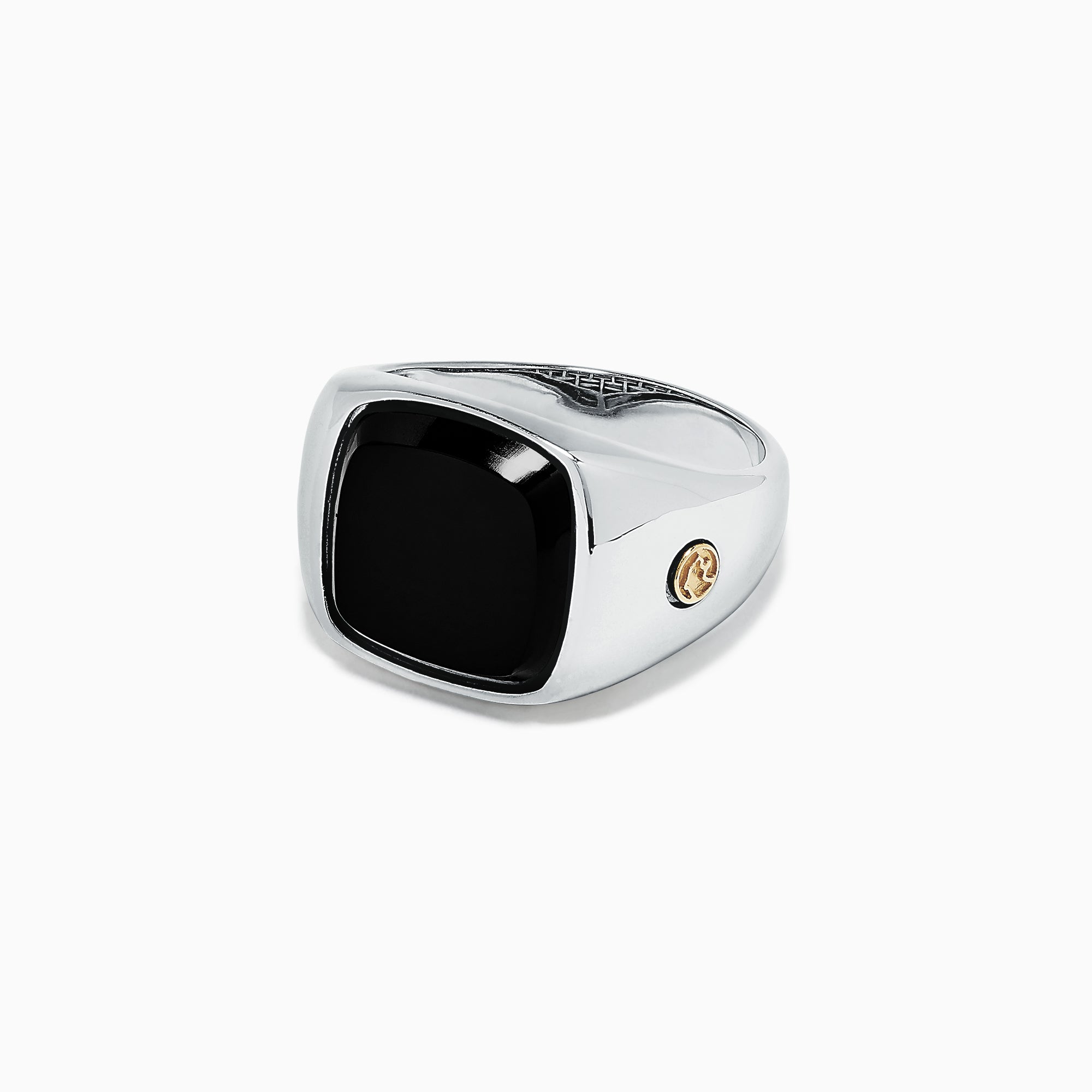 The Mens Sterling Silver and 18K Yellow Gold Onyx Ring, 5.90 TCW, features a large square black onyx centerpiece with 18K yellow gold accents on each side, shown against a plain white background.