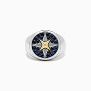 A mens sterling silver and 18K yellow gold ring features a gold star center, encircled by blue sapphires (0.75 TCW) in a striking pattern on top.