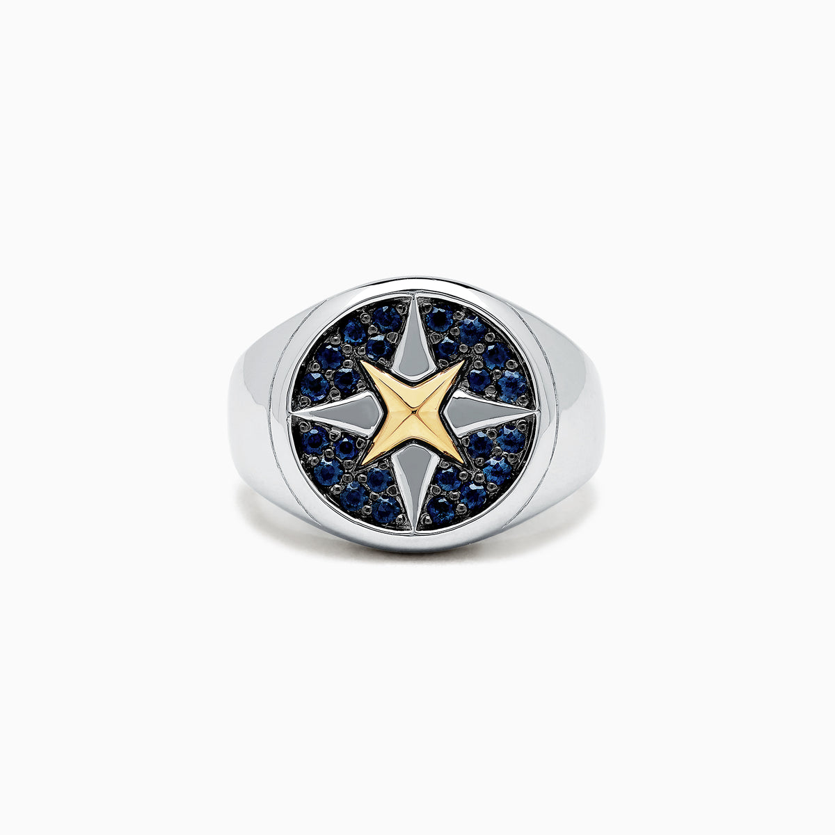 A mens sterling silver and 18K yellow gold ring features a gold star center, encircled by blue sapphires (0.75 TCW) in a striking pattern on top.