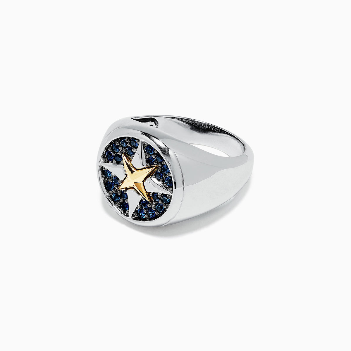 A mens sterling silver and 18K yellow gold ring features a gold star center, encircled by blue sapphires (0.75 TCW) in a striking pattern on top.