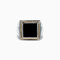 Mens Sterling Silver and 14K Yellow Gold Onyx Ring, 1.53 TCW features a large, square black onyx framed by gold twisted rope design and an angular geometric band, set against a white background.