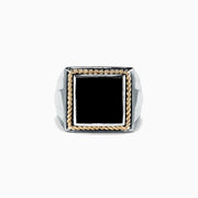 Mens Sterling Silver and 14K Yellow Gold Onyx Ring, 1.53 TCW features a large, square black onyx framed by gold twisted rope design and an angular geometric band, set against a white background.
