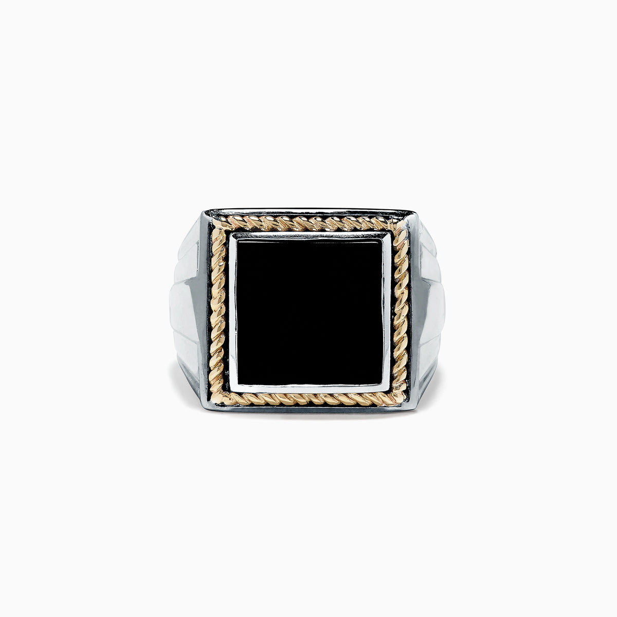 Mens Sterling Silver and 14K Yellow Gold Onyx Ring, 1.53 TCW features a large, square black onyx framed by gold twisted rope design and an angular geometric band, set against a white background.