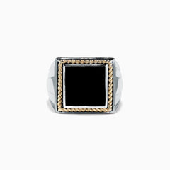 Mens Sterling Silver and 14K Yellow Gold Onyx Ring, 1.53 TCW features a large, square black onyx framed by gold twisted rope design and an angular geometric band, set against a white background.
