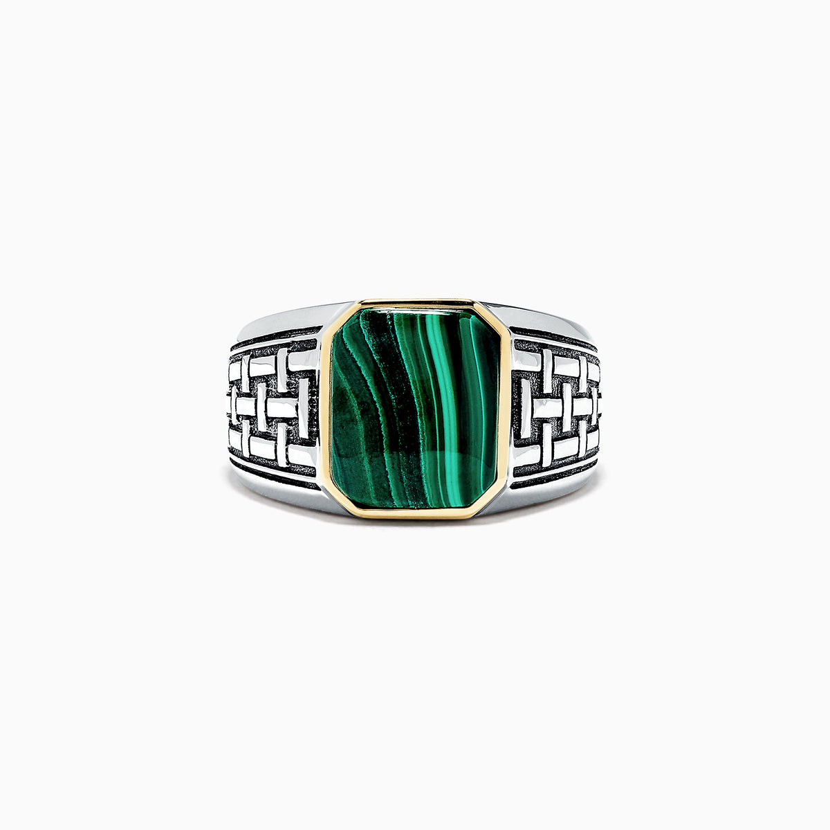 The Mens Sterling Silver and 14K Yellow Gold Malachite Ring, 6.05 TCW, features an intricate geometric pattern and a rectangular green malachite stone set in a yellow gold bezel, shown on a plain white background.