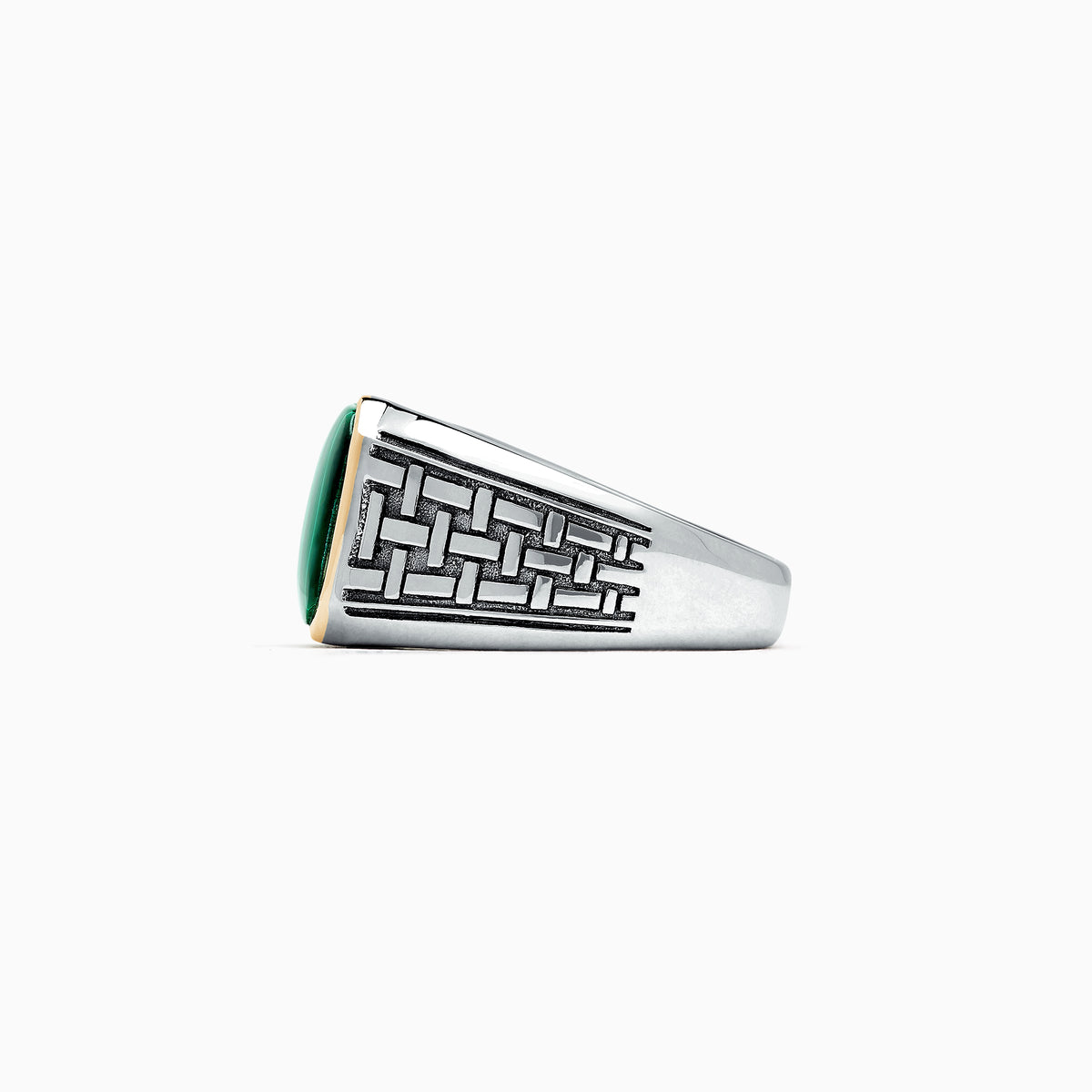 The Mens Sterling Silver and 14K Yellow Gold Malachite Ring, 6.05 TCW, features an intricate geometric pattern and a rectangular green malachite stone set in a yellow gold bezel, shown on a plain white background.