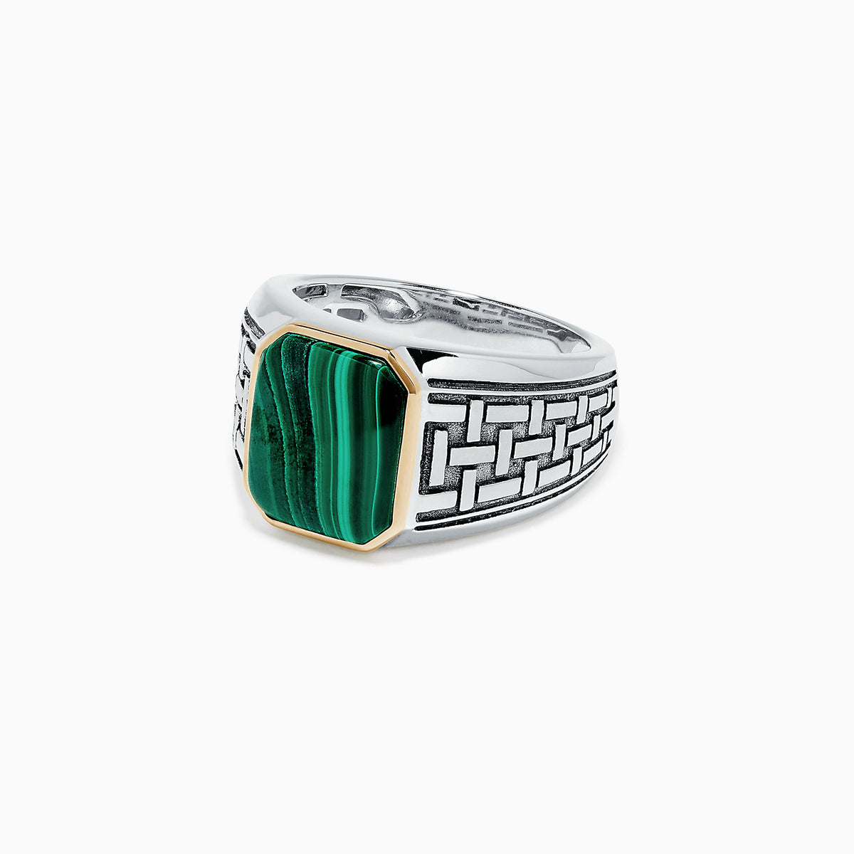 The Mens Sterling Silver and 14K Yellow Gold Malachite Ring, 6.05 TCW, features an intricate geometric pattern and a rectangular green malachite stone set in a yellow gold bezel, shown on a plain white background.