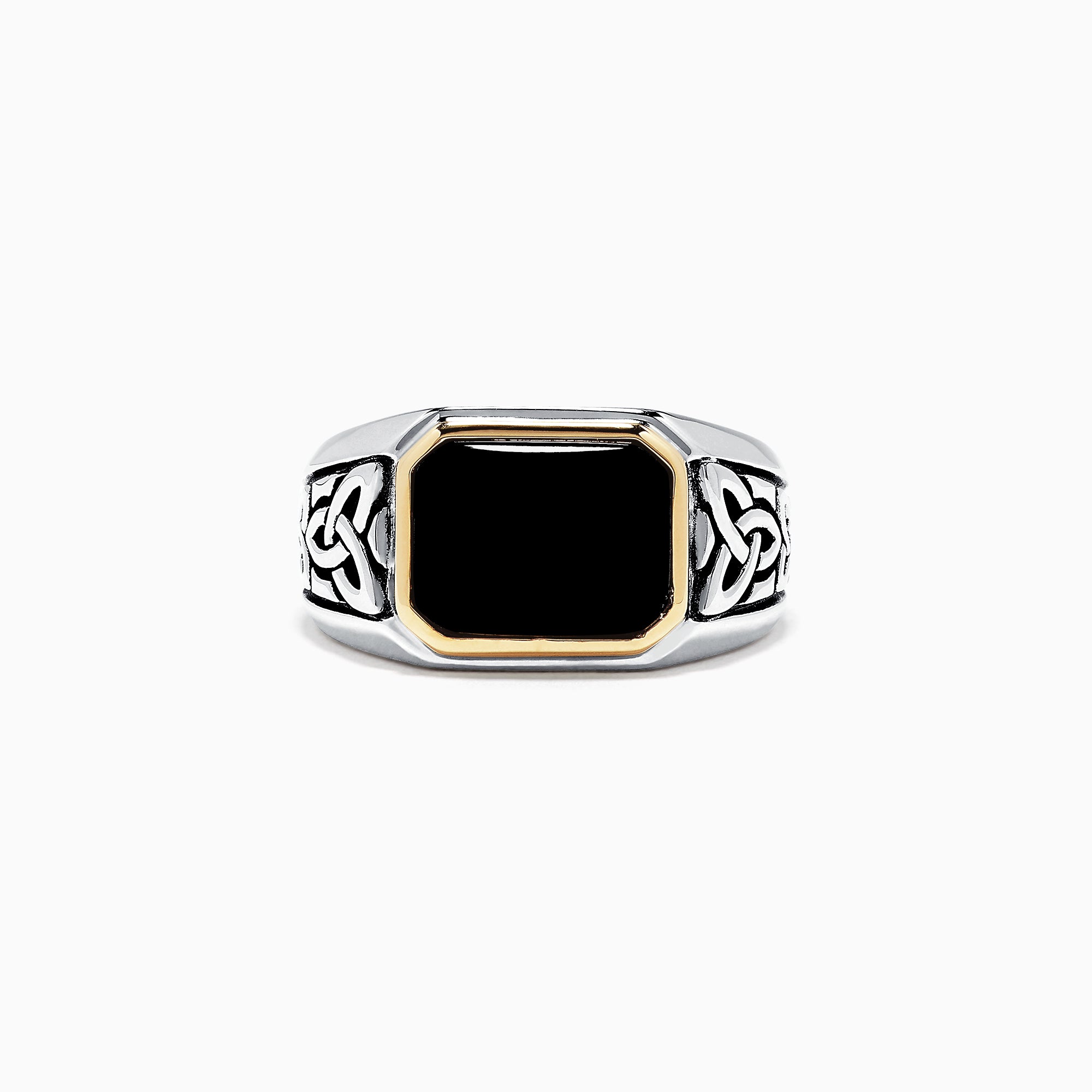 The Mens Sterling Silver and 14K Yellow Gold Onyx Ring, 3.40 TCW features a rectangular black onyx stone in a yellow gold bezel with detailed Celtic knot designs on the sides.