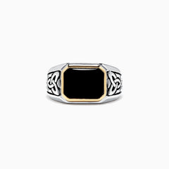 The Mens Sterling Silver and 14K Yellow Gold Onyx Ring, 3.40 TCW features a rectangular black onyx stone in a yellow gold bezel with detailed Celtic knot designs on the sides.
